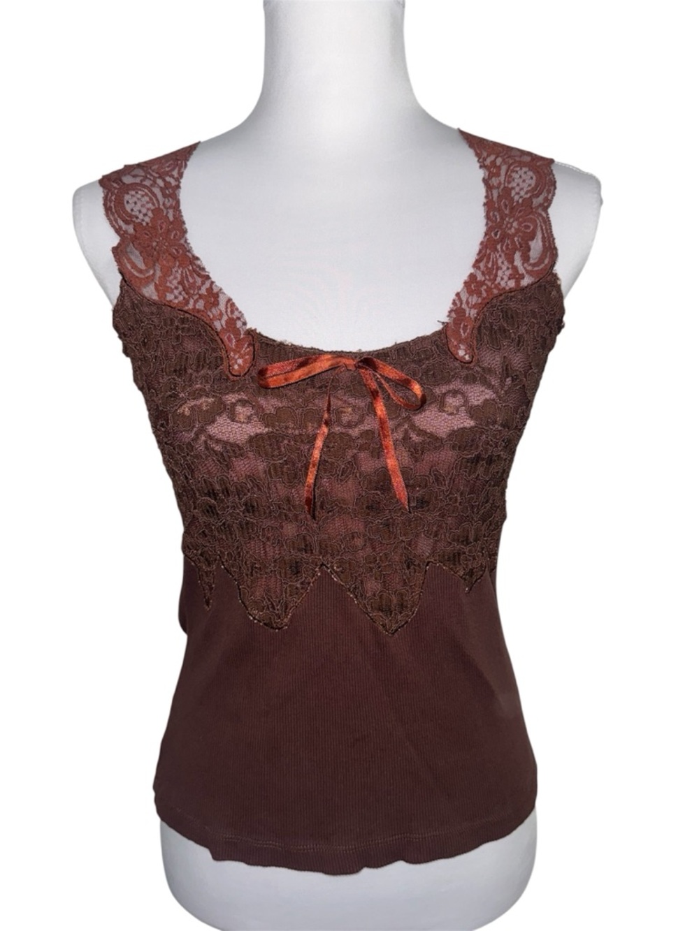 VTG August Silk Lace Trim Cami Tank Top Brown Ribbon Detail S Fairy Romantic Y2K